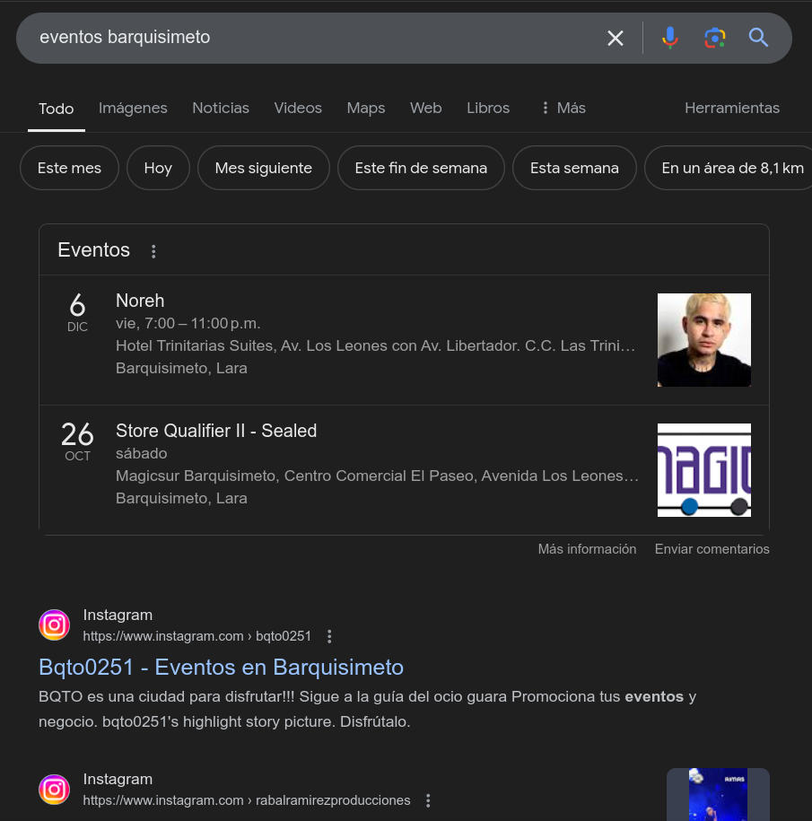 captura de pantalla a la fecha de los eventos relevantes en venezuela demostrando que en venezuela no existe el google SEO